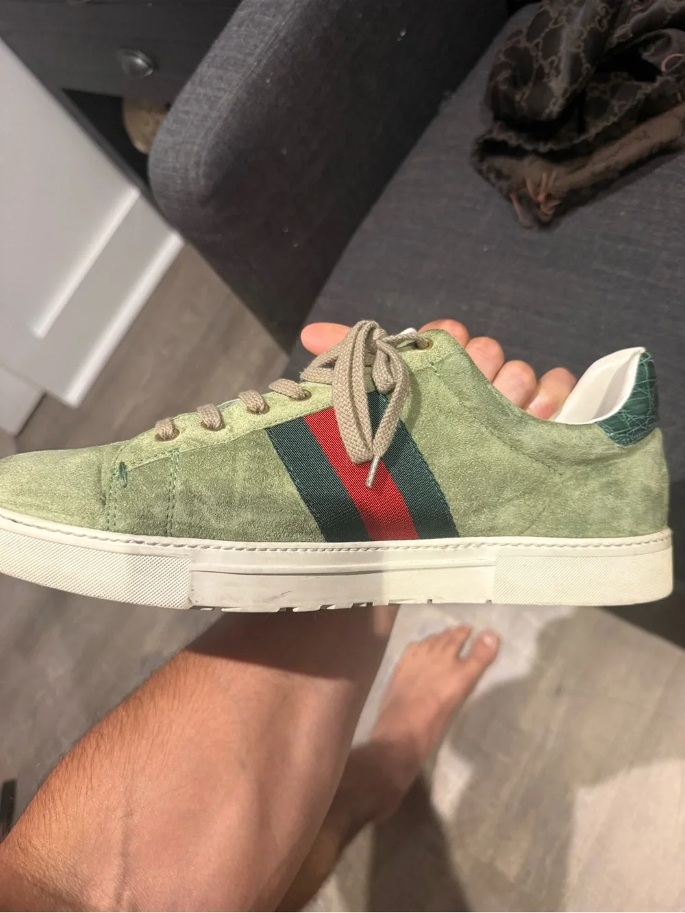 Gucci Green Suede Ace Sneakers with Red & Dark Green Stripe